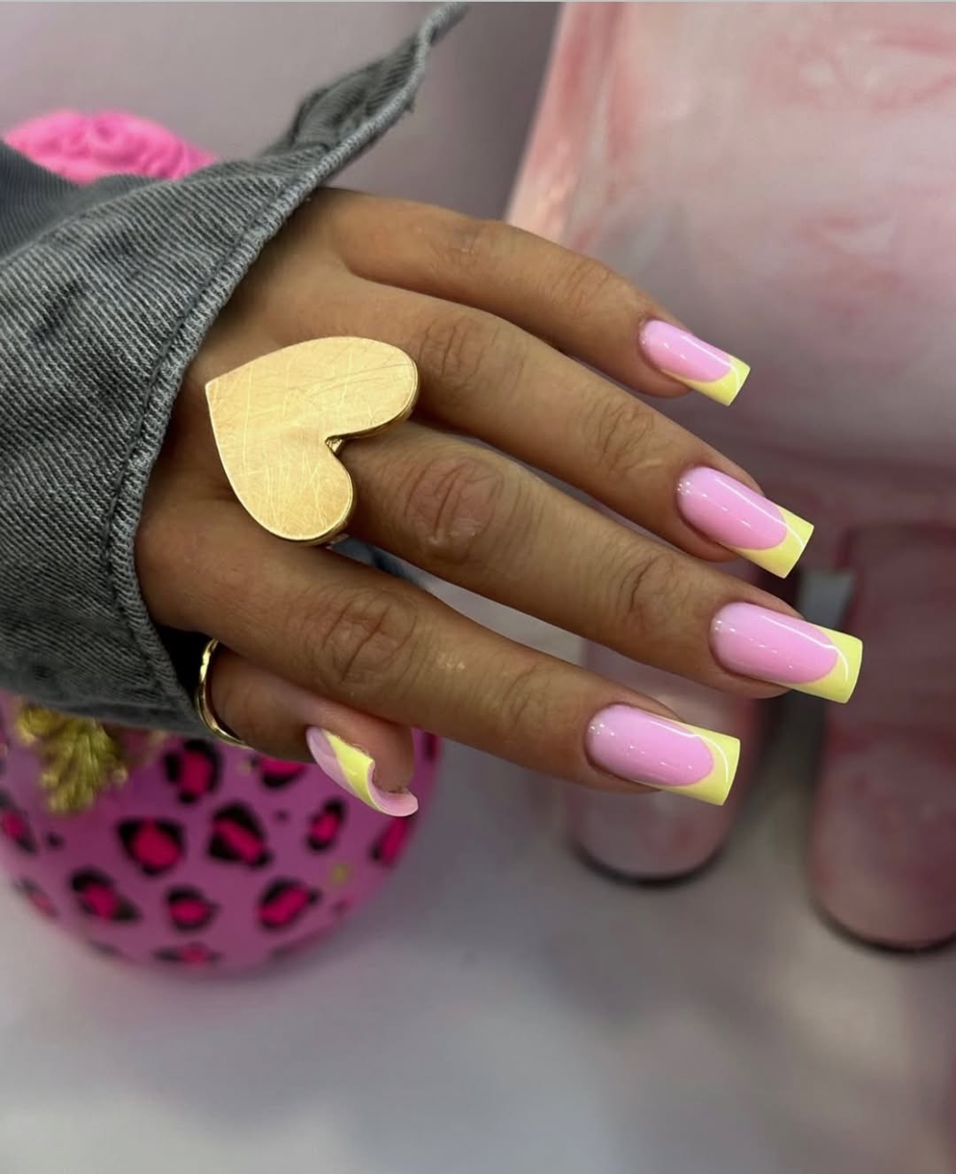 Pastel Pink and Yellow French Tip Coffin Nails