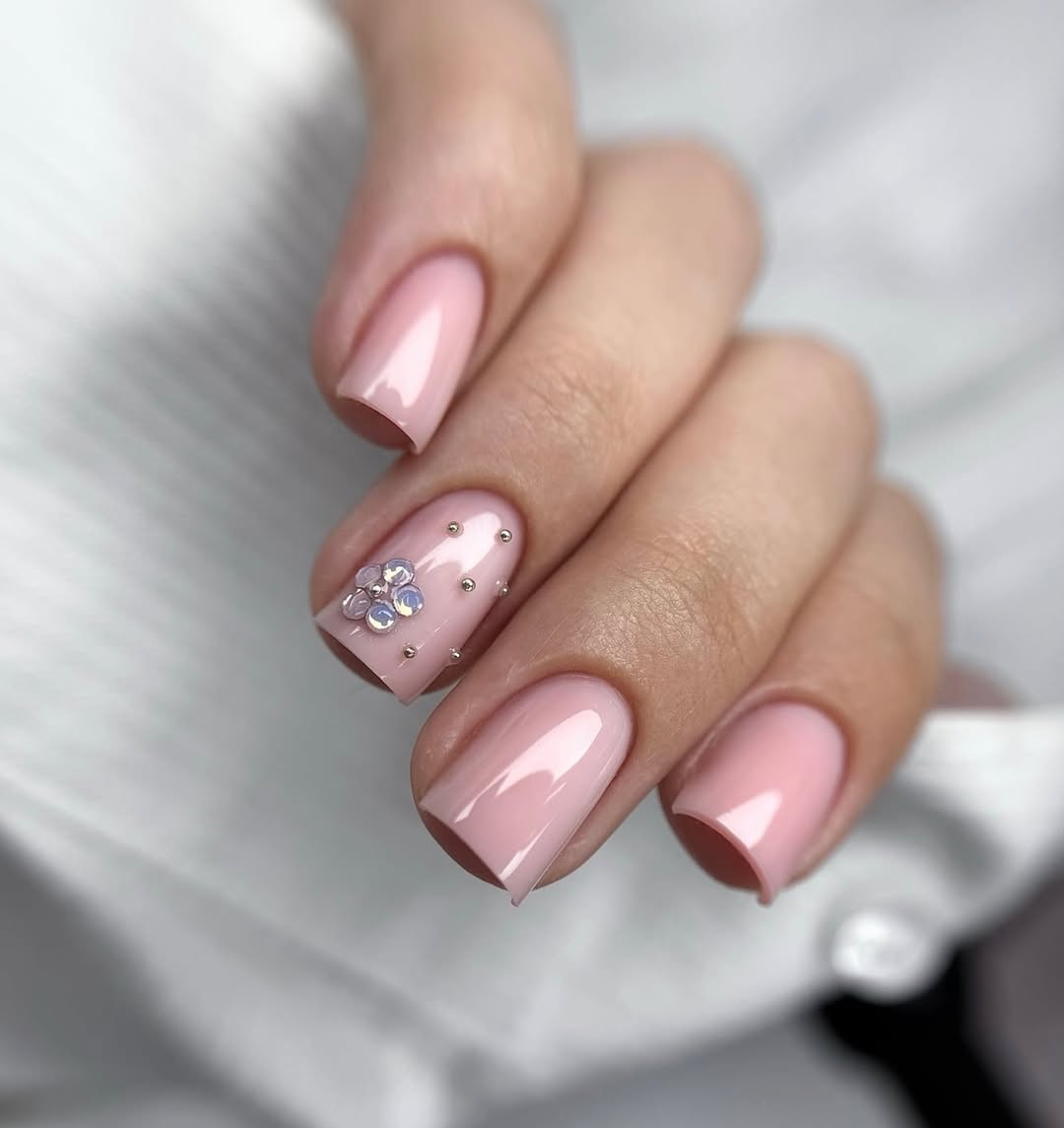 Pastel Pink Blossom Rhinestone Square Nails
