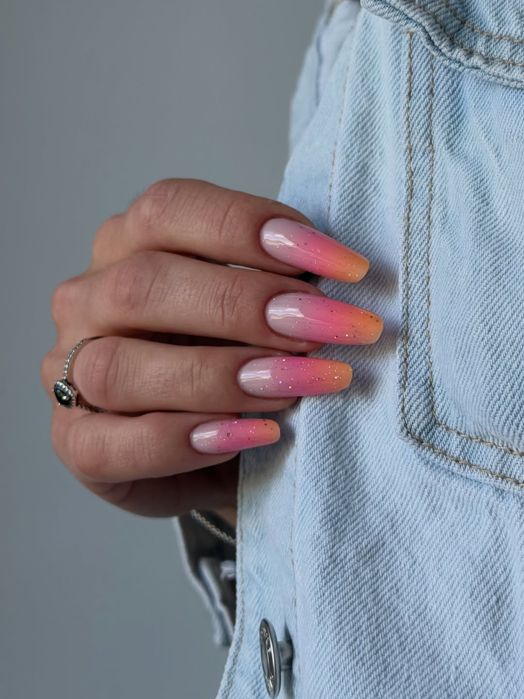 Peach Sunset Pink Glitter Gradient Coffin Nails