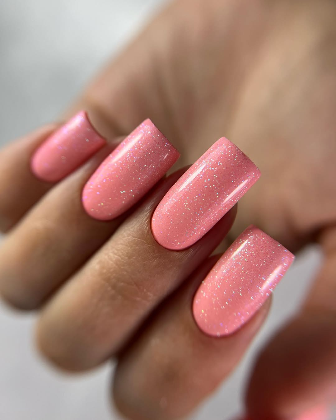 Peachy Pink Glitter Glossy Square Nails