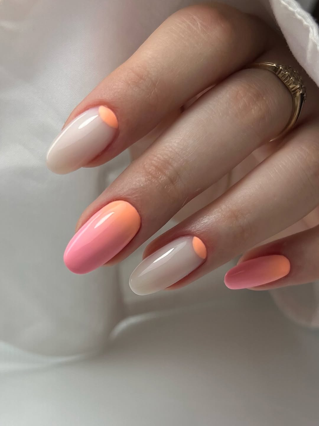 Peachy Pink Ombre Half Moon Nails