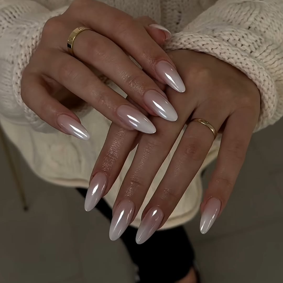 Pearlescent White Chrome Almond Nails