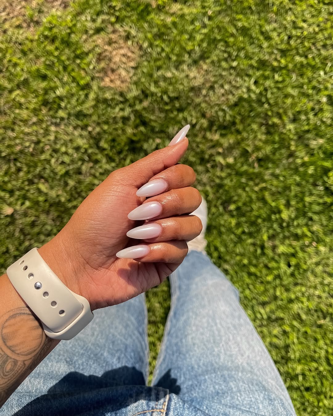 Pearly White Chrome Stiletto Nails