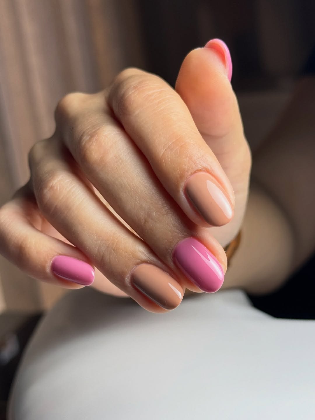Pink And Nude Mismatched Glossy Oval Nails