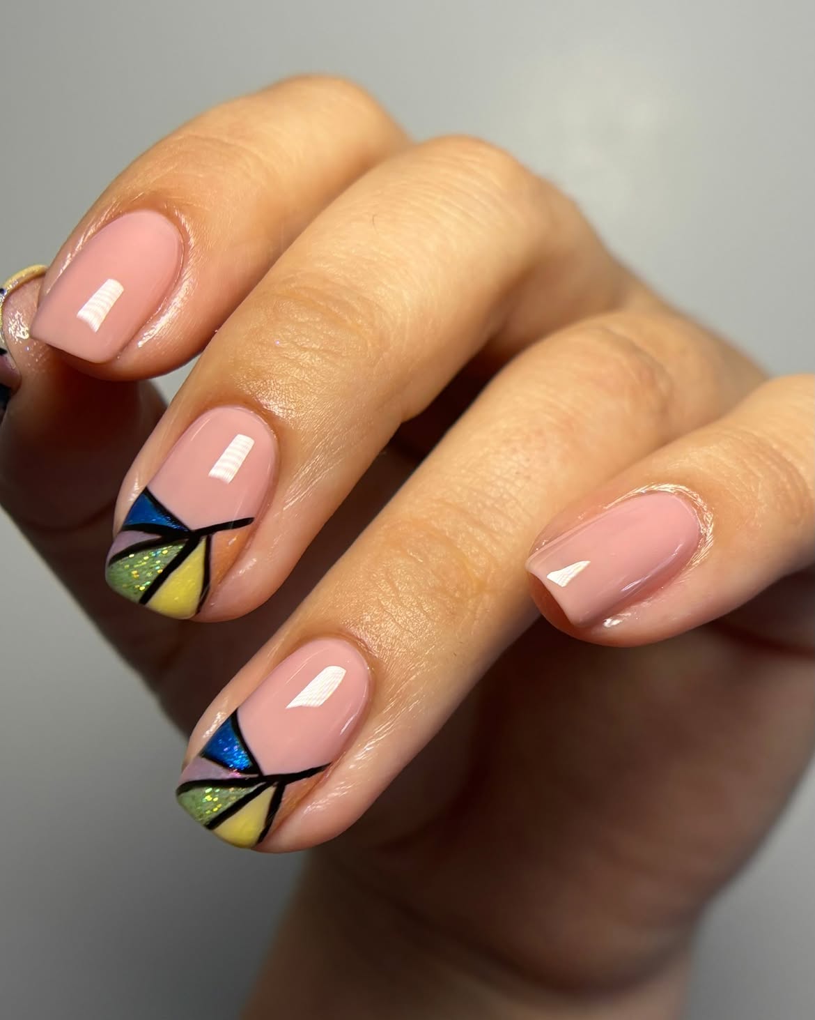 Pink Base Geometric French Tips with Luminous Accents
