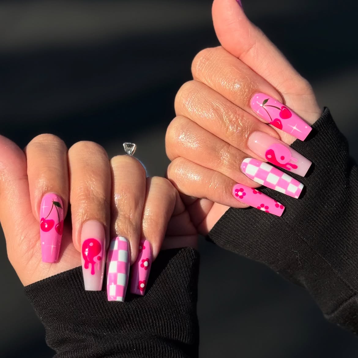 Pink Cherry Drip Checkered Coffin Nails