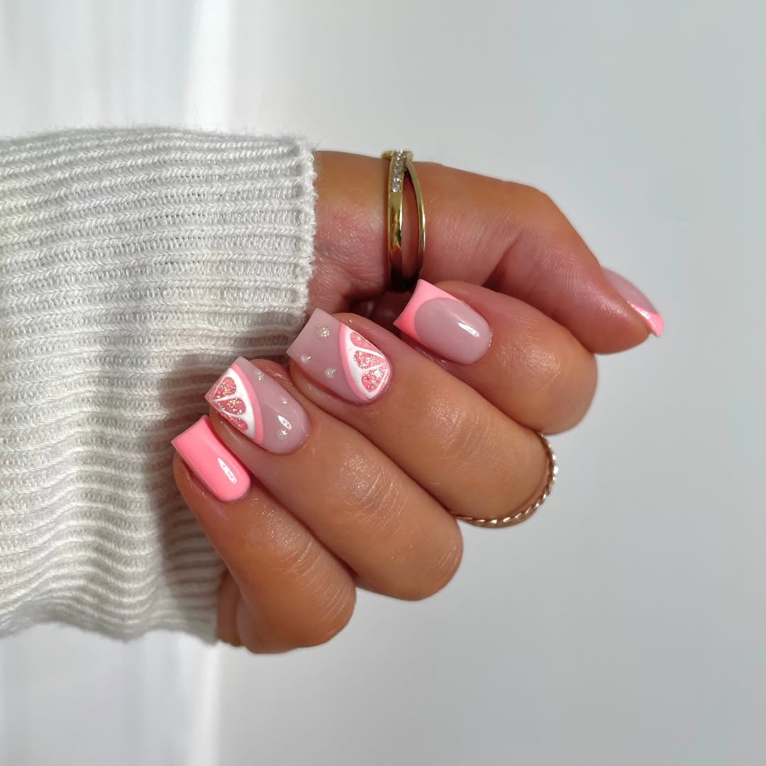 Pink Citrus Slice French Tip Square Nails