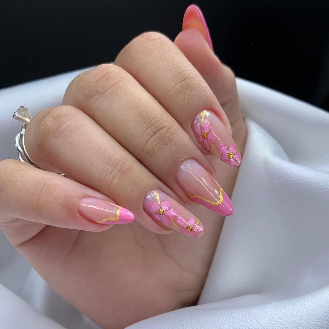 Pink Floral Gold Outline French Almond Nails