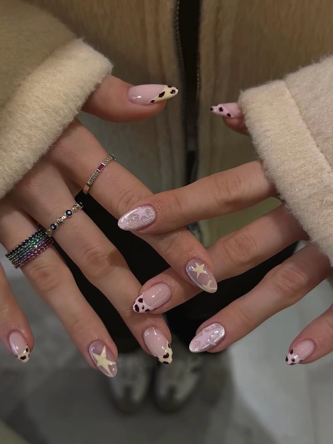 Pink French Nails with Heart and Star Accents