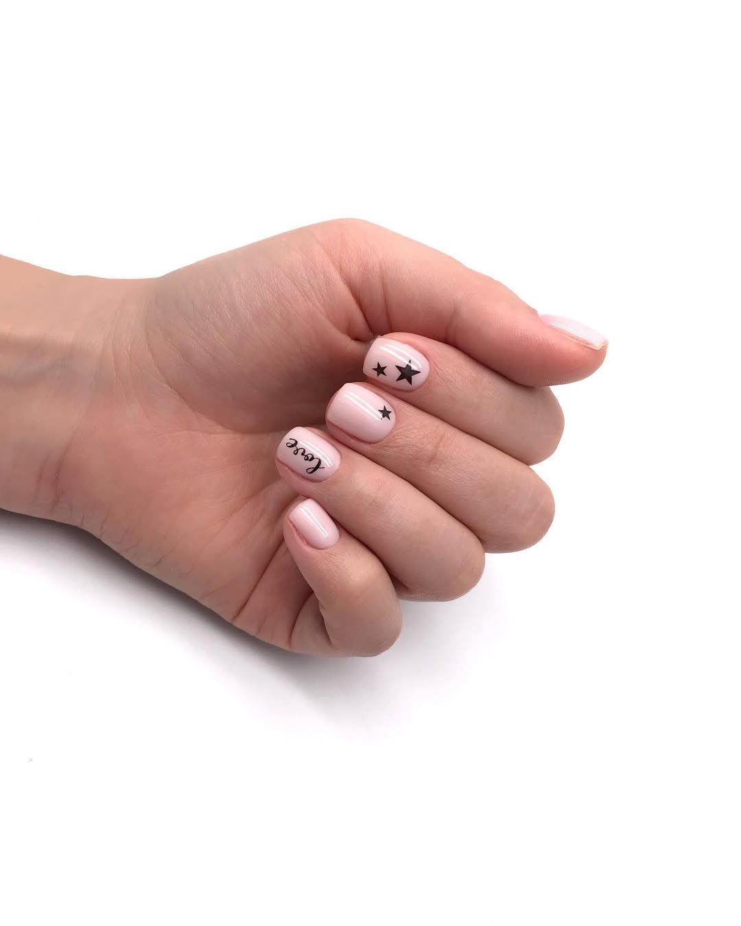 Pink French Tip Nails with Black Stars and Love Script