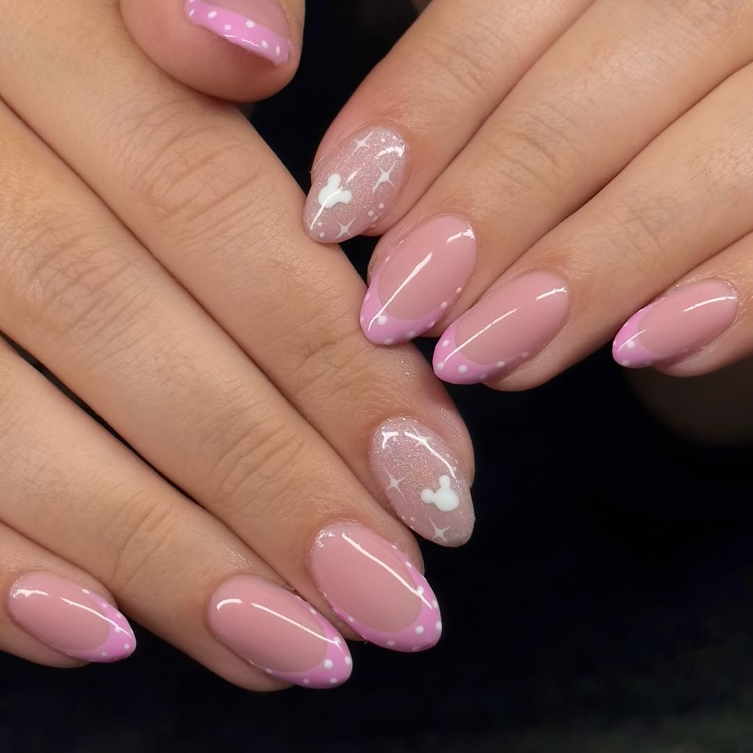 Pink French Tips With Mickey Mouse Accents