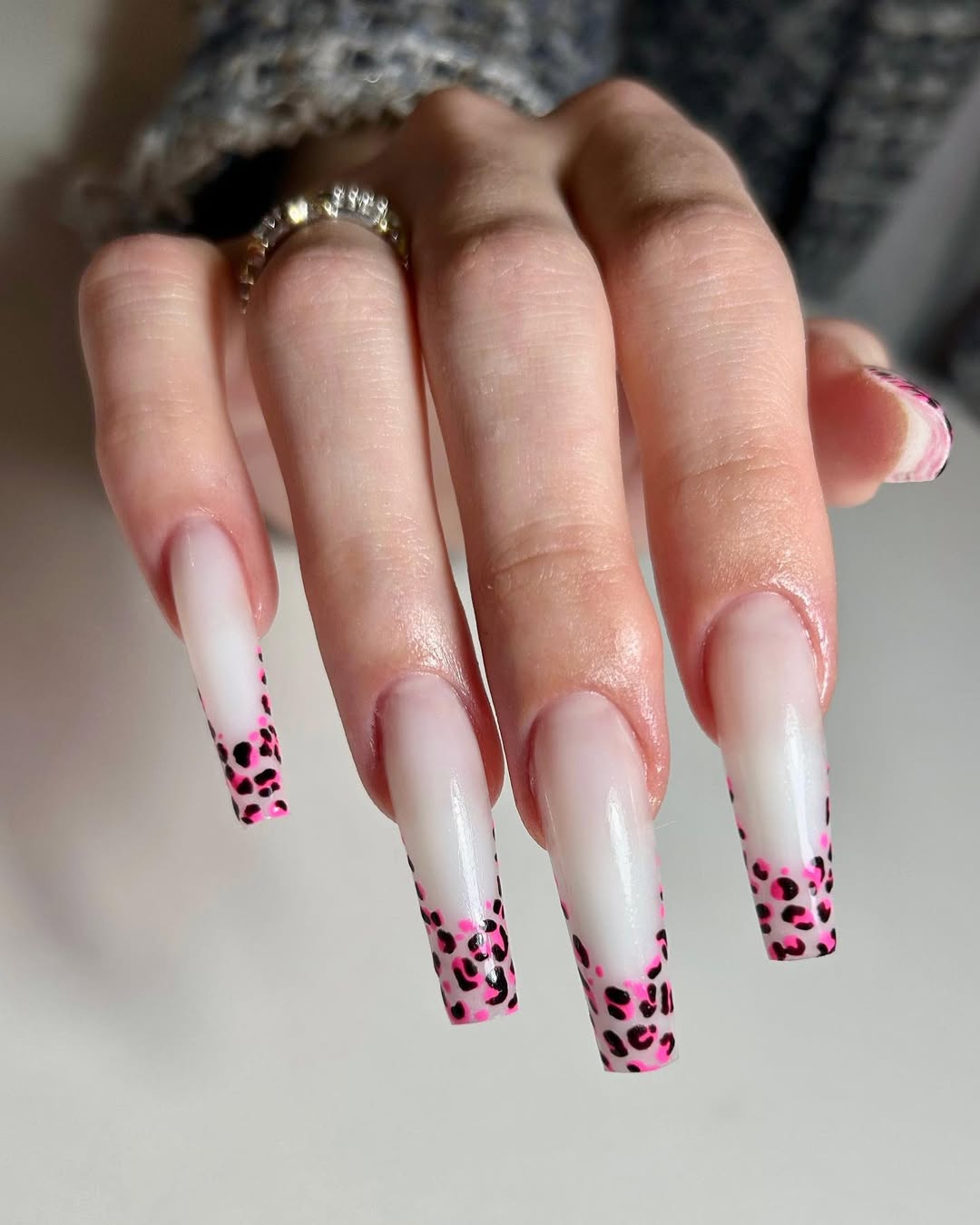 Pink Leopard Print French Tip Ballerina Nails