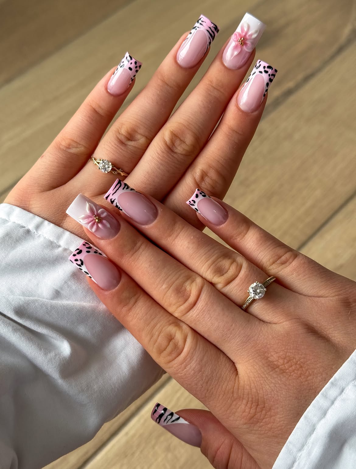 Pink Leopard Print French Tip Nails with 3D Flower