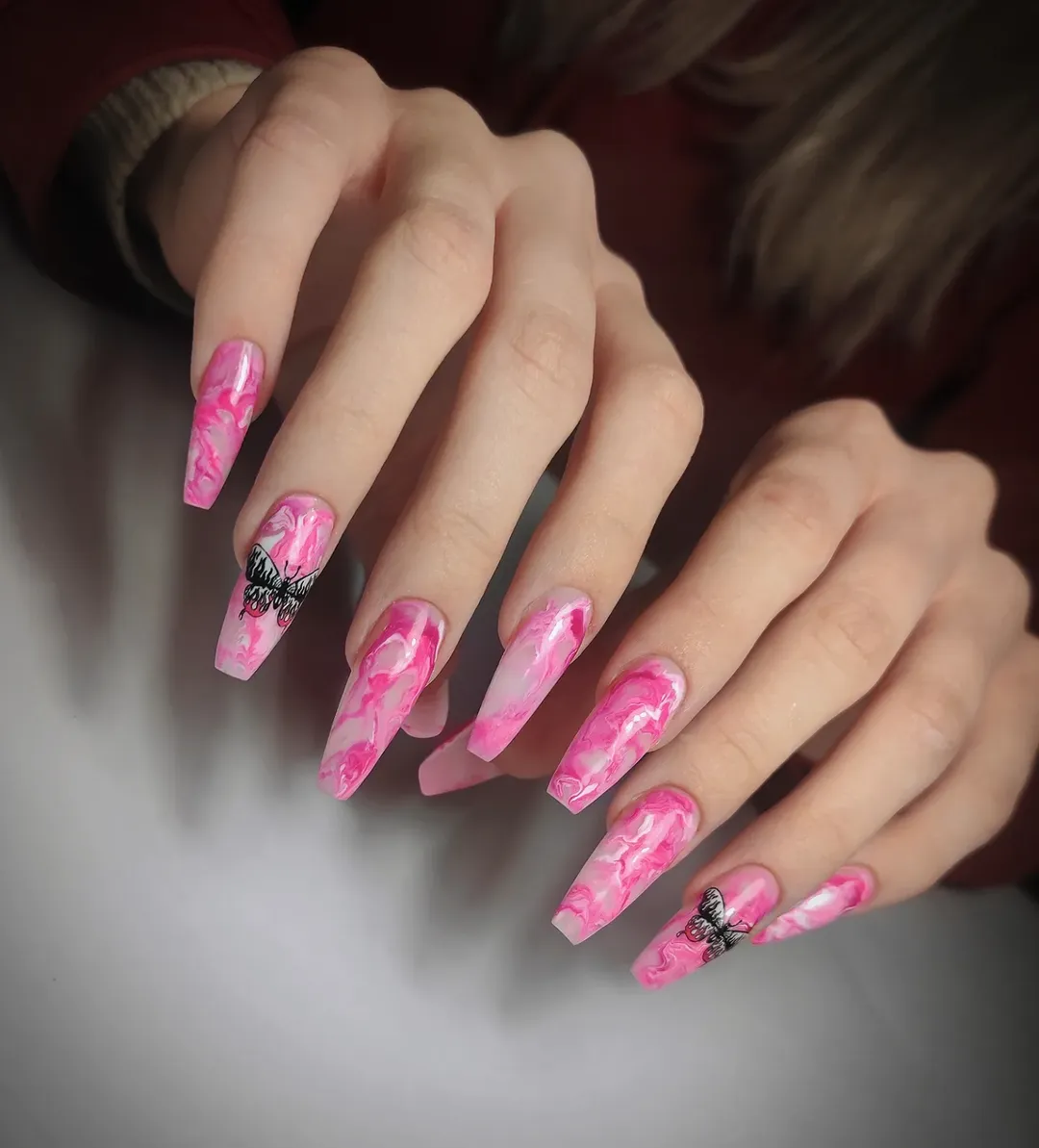 Pink Marble Butterfly Coffin Nails