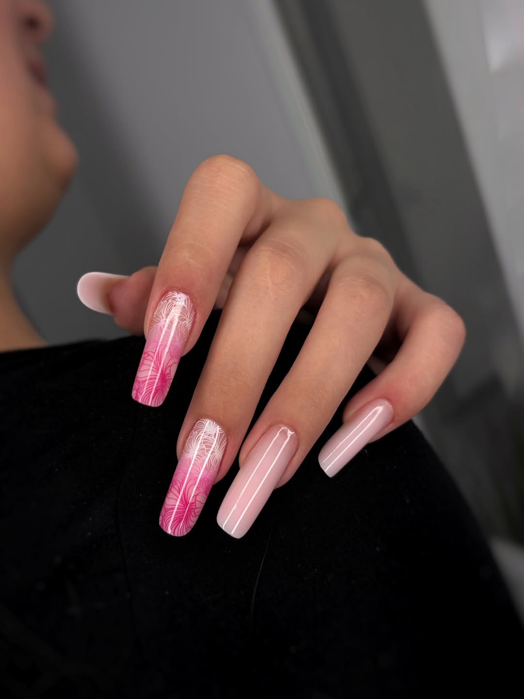 Pink Ombre Feathered Coffin Nails