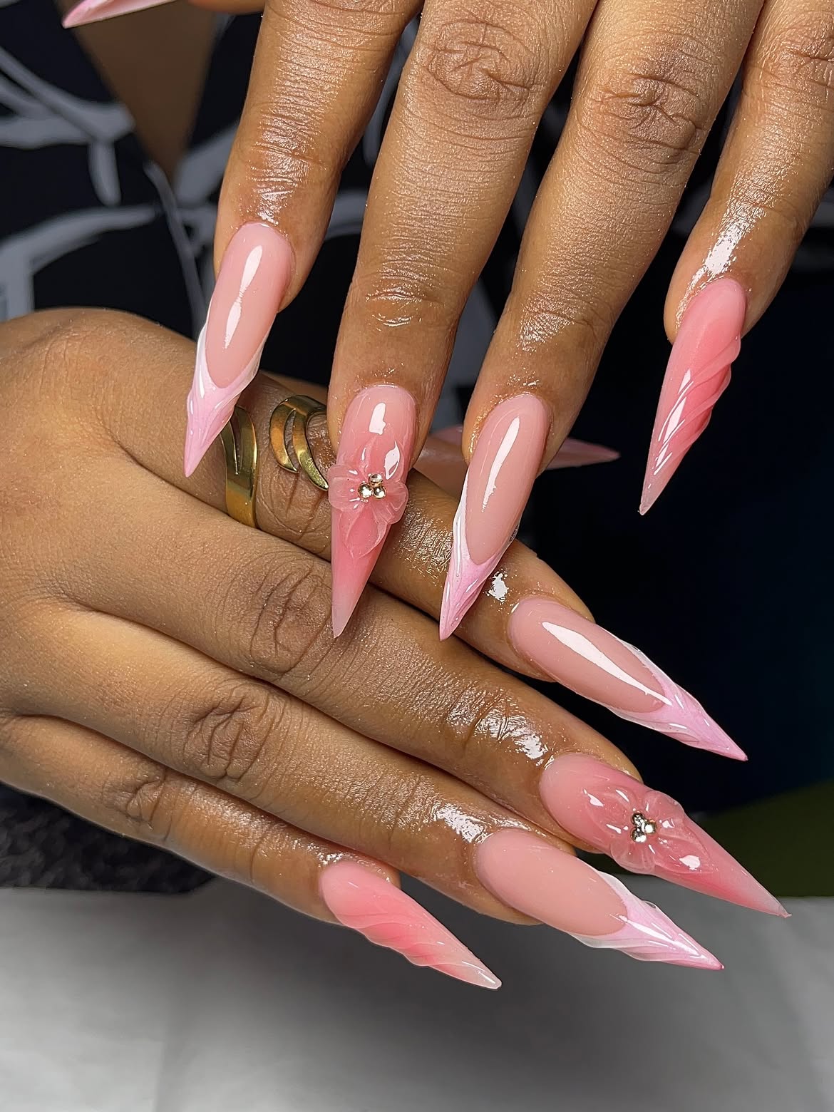 Pink Ombre Stiletto Nails with 3D Flower Charms