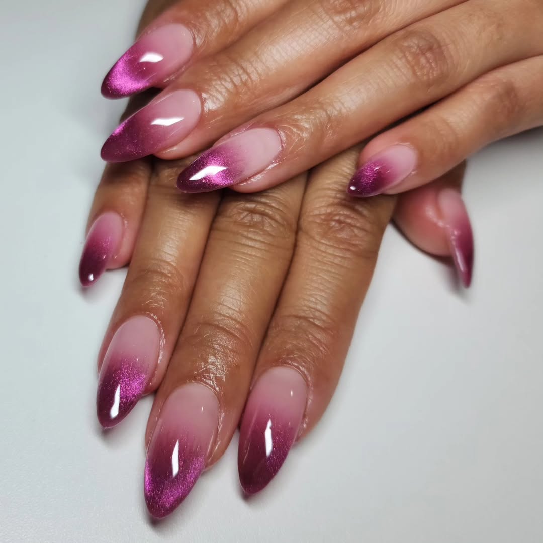 Pink Violet Cat Eye Ombre Almond Nails