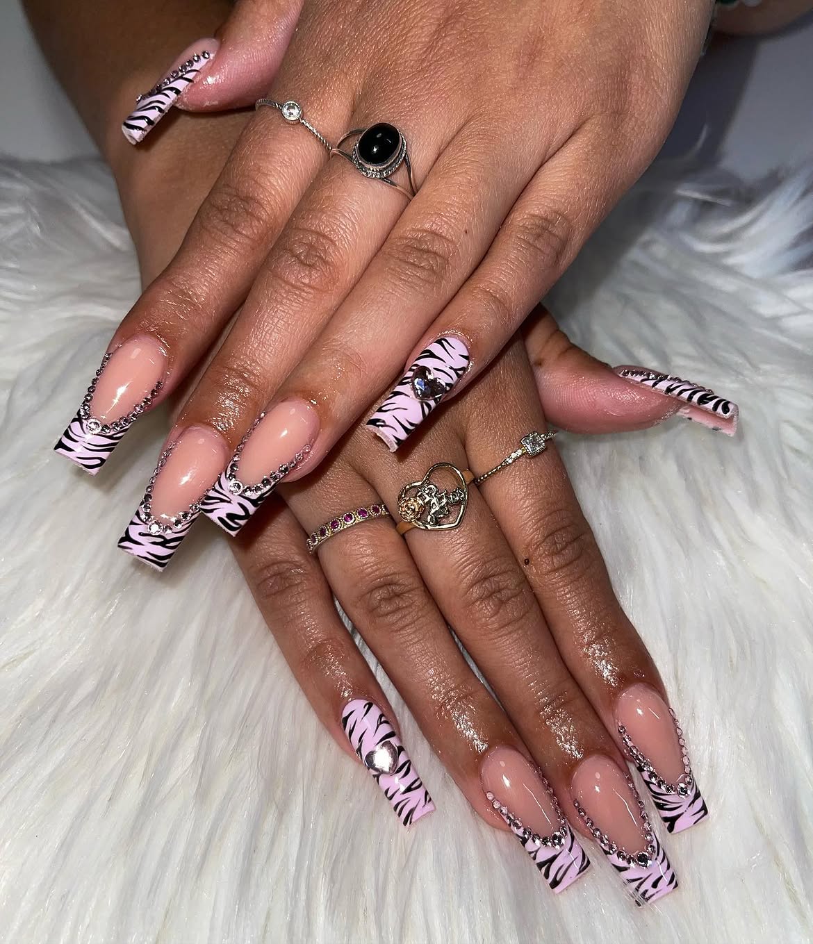Pink Zebra Print French Tip Rhinestone Nails