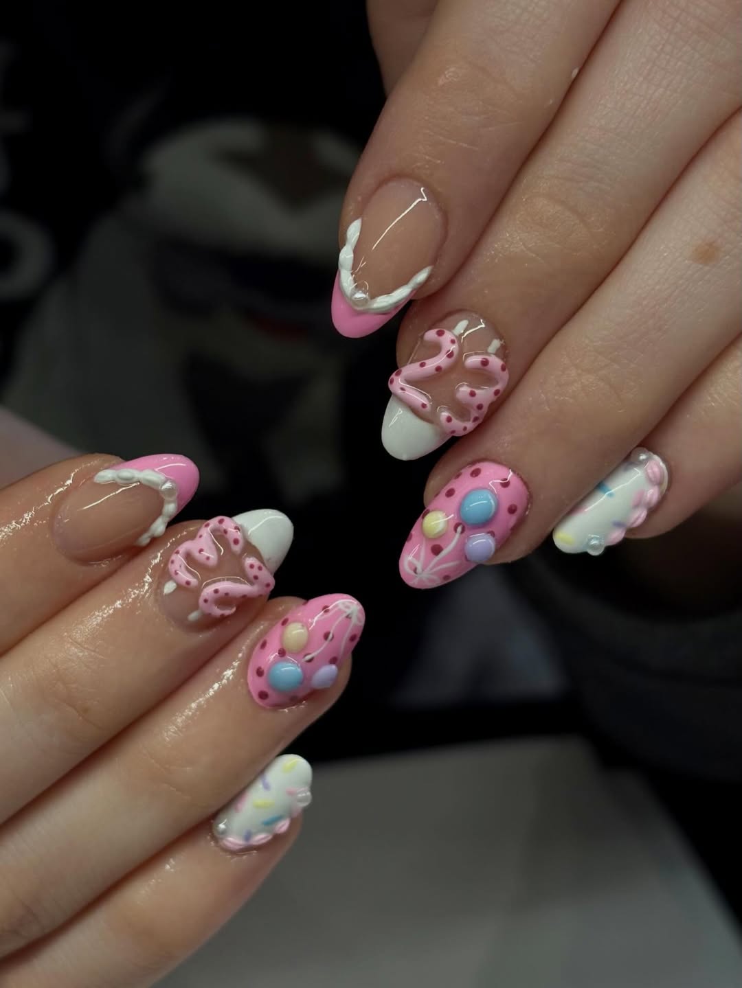 Playful 3D Kawaii Birthday Pink and White Nails