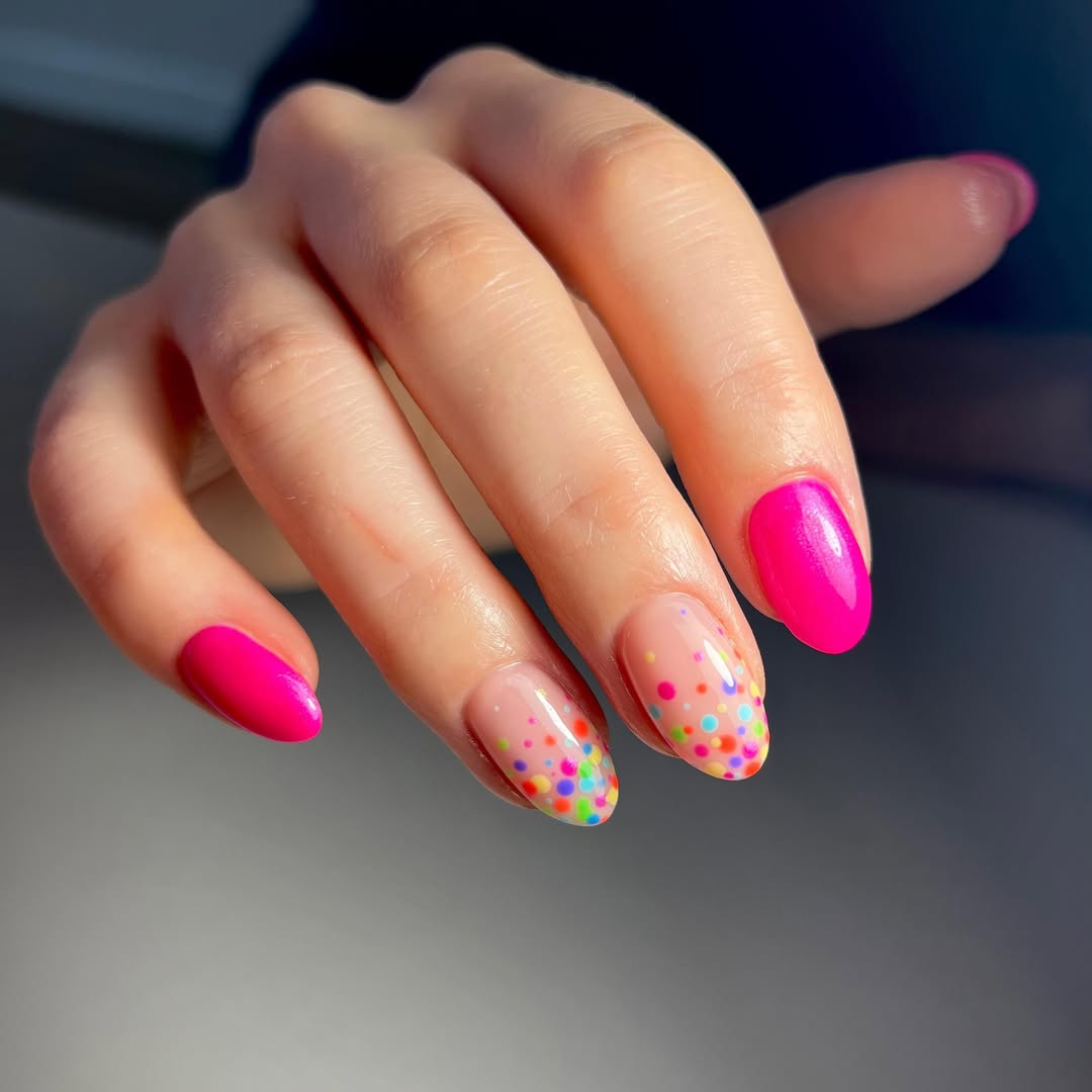 Playful Candy Pink Confetti Almond Nails