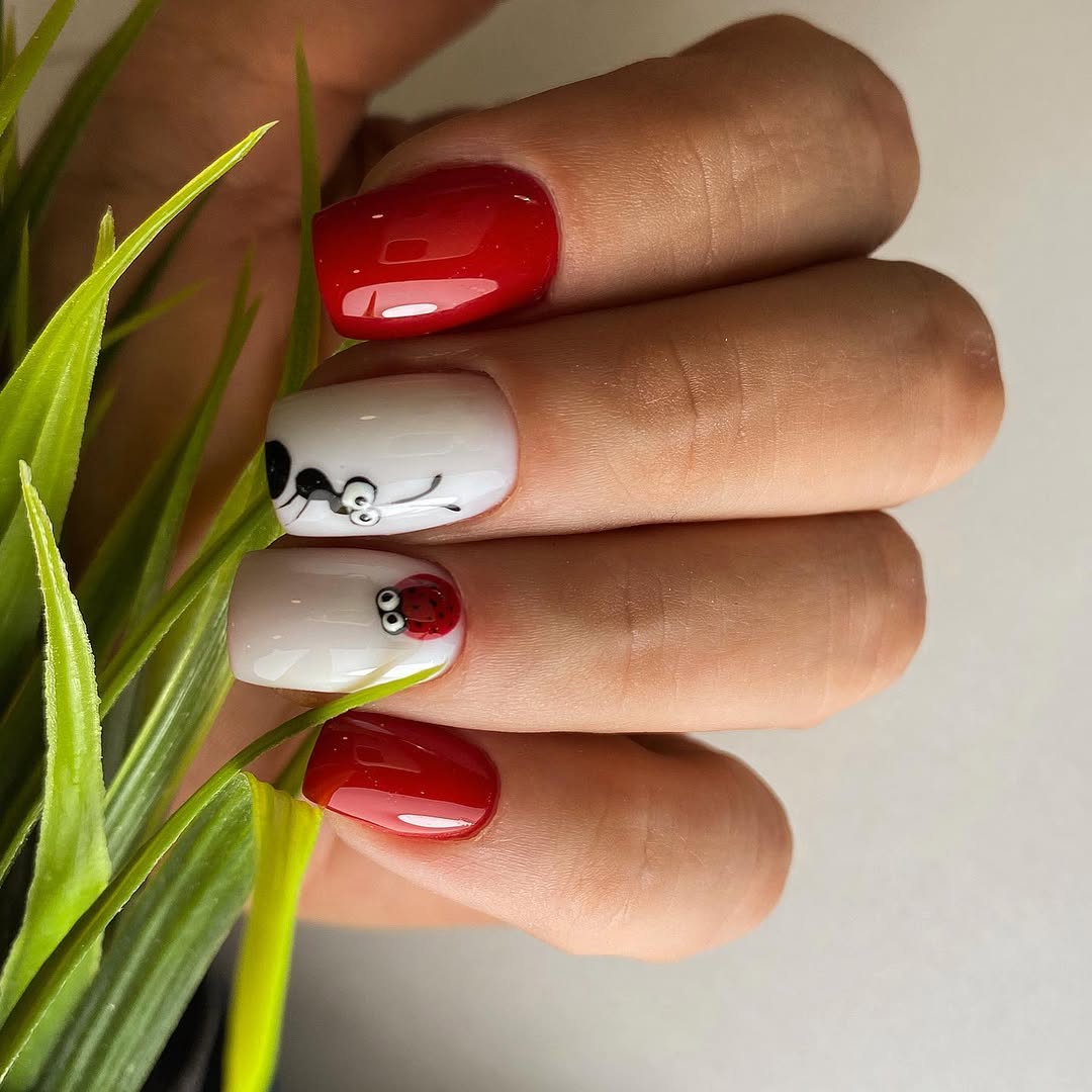 Playful Ladybug French Tip Nails