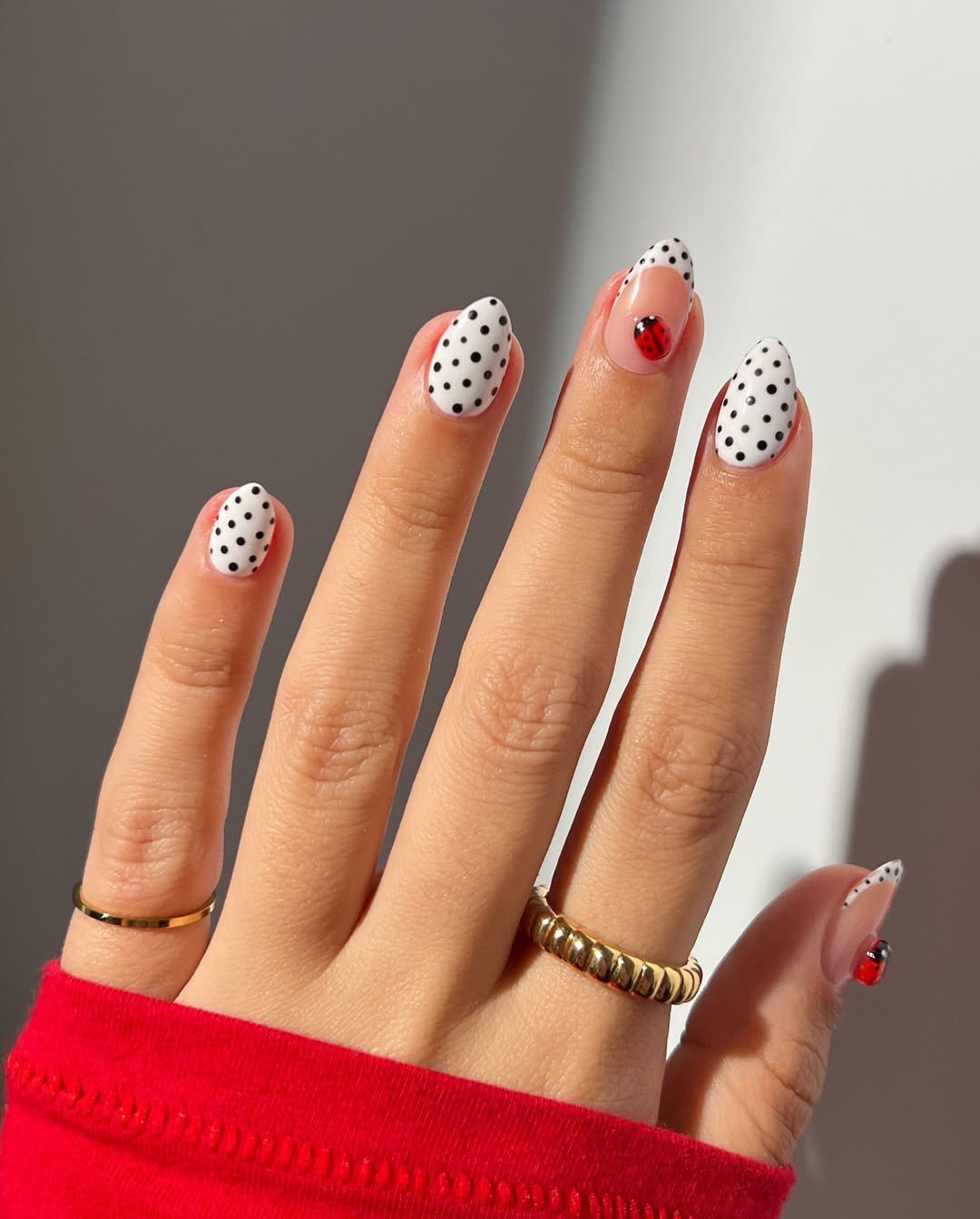 Playful Ladybug Polka Dot Almond Nails