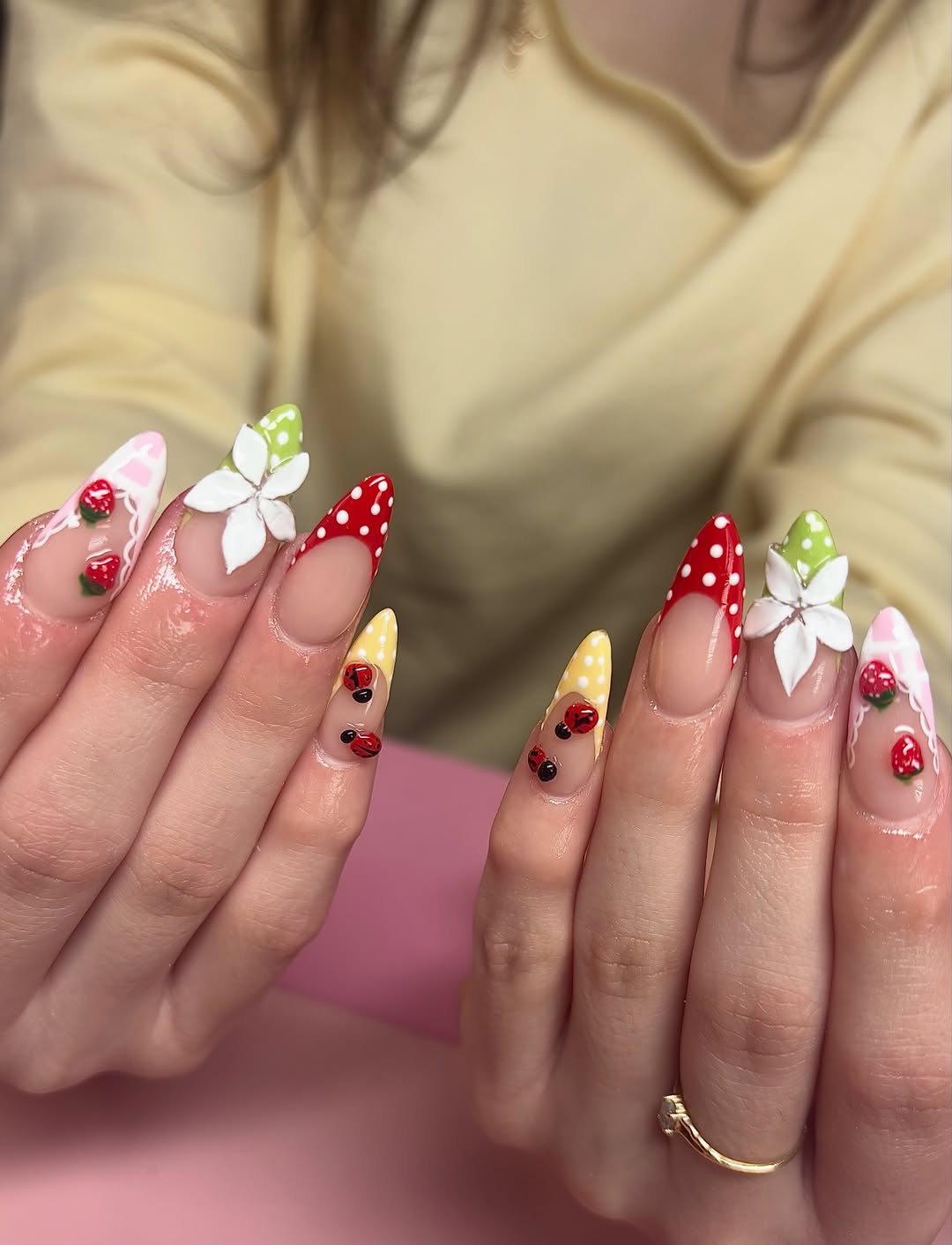 Playful Ladybug Strawberry French Tip Nails