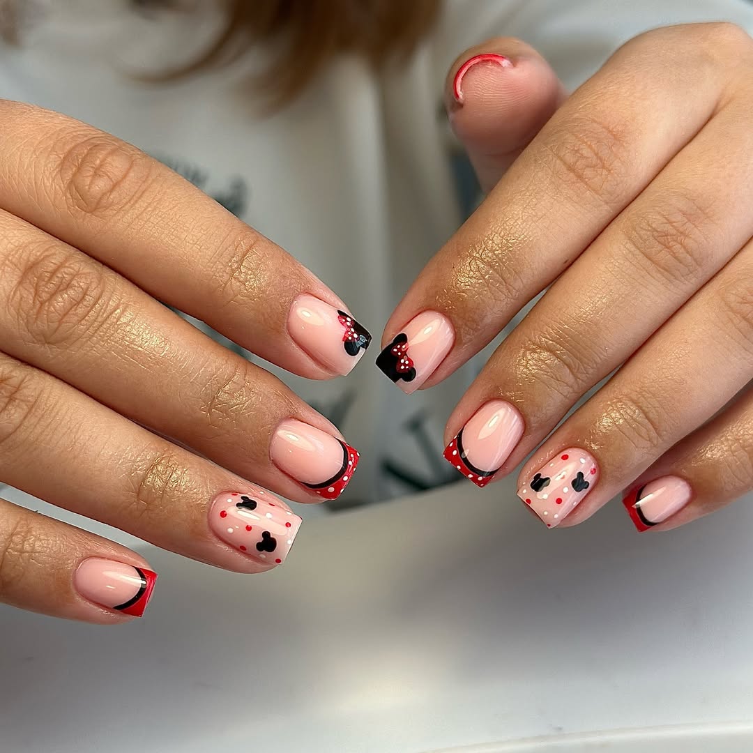 Playful Minnie Mouse French Tip Gel Manicure