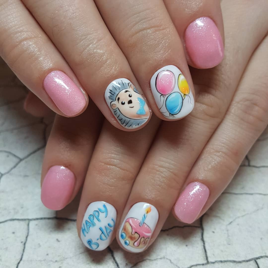 Playful Pink Hedgehog Birthday Nails