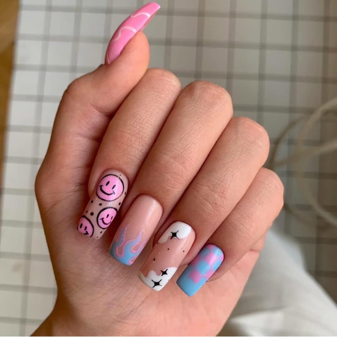 Playful Pink Smiley Face & Cloud Nails
