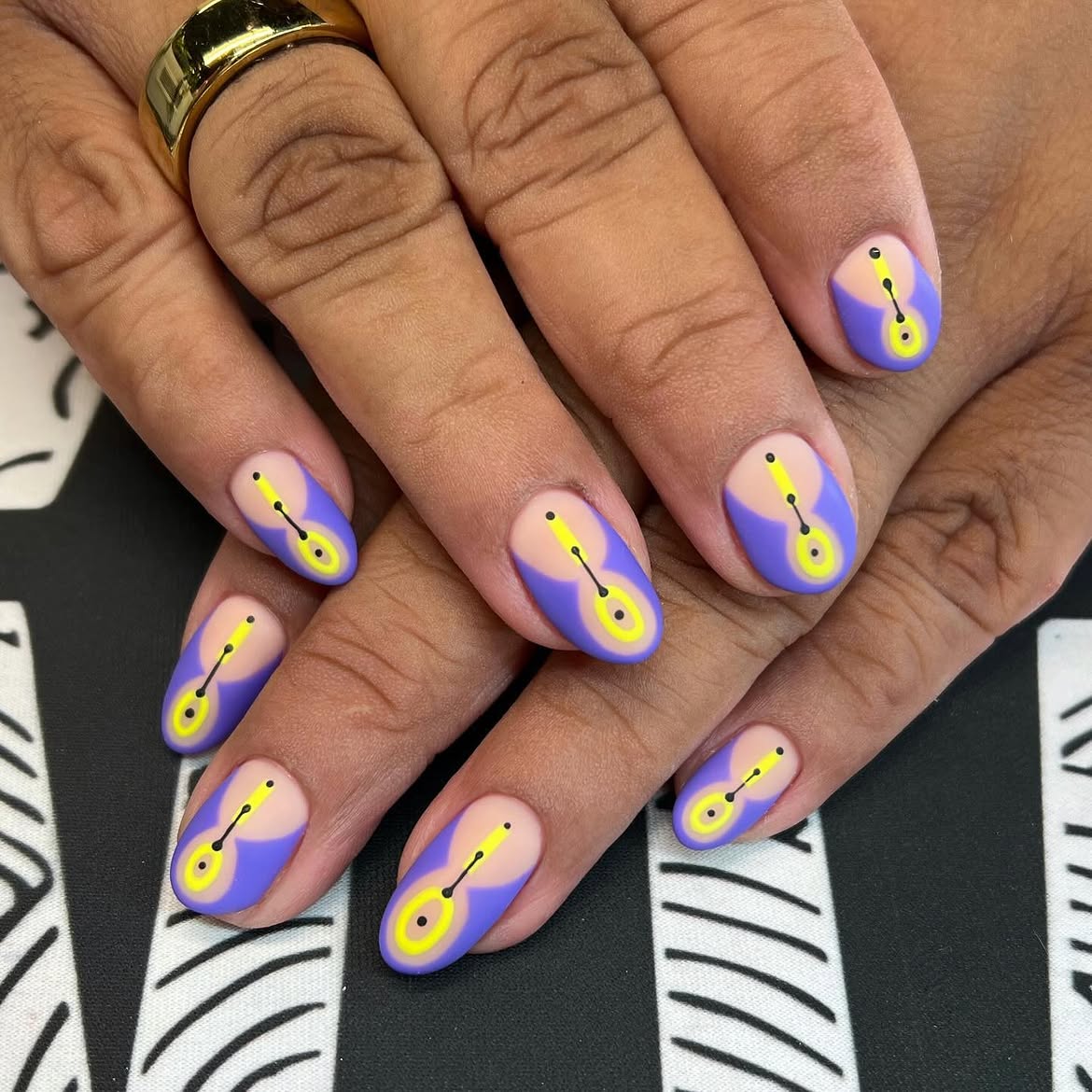 Playful Purple Yellow Guitar Outline French Tips
