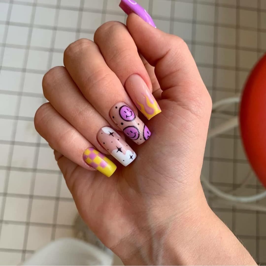 Playful Smiley Face & Flame French Tips