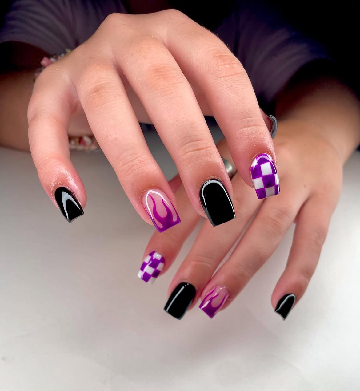 Purple Flame and Checkerboard French Tips
