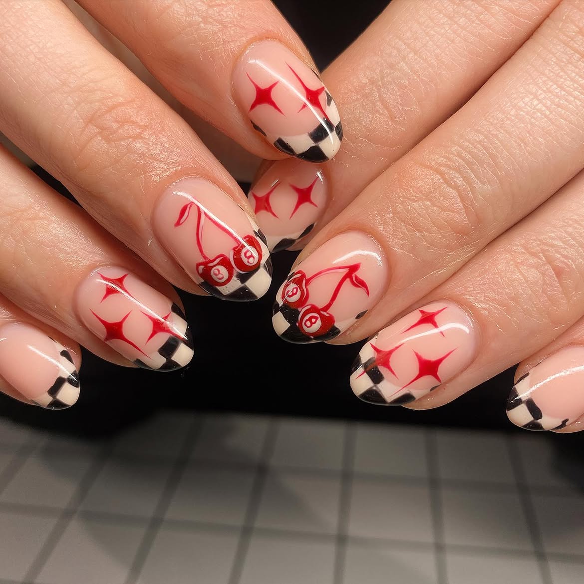 Red Cherry Checkerboard Oval Nails