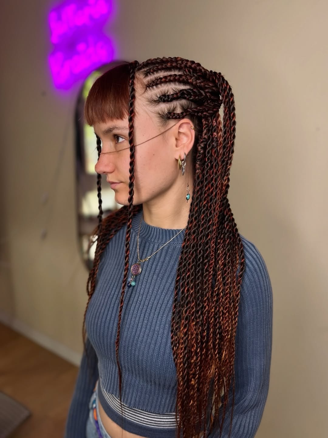 Red Ombre Cornrows With Braided Half-Up Style