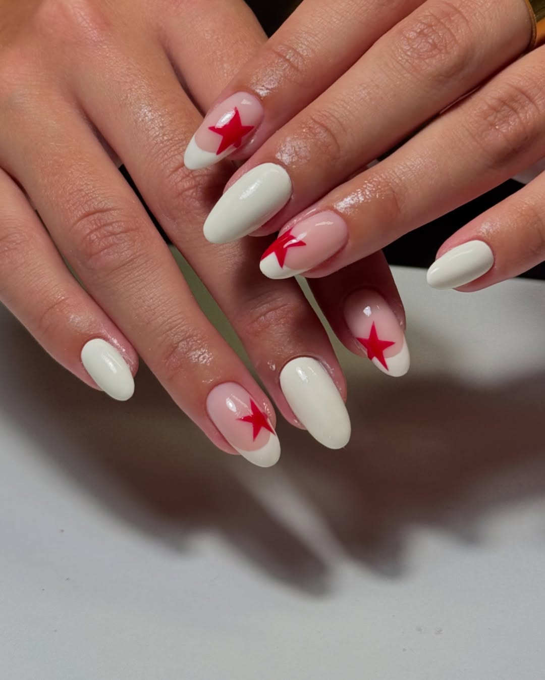 Red Star French Tip Almond Nails