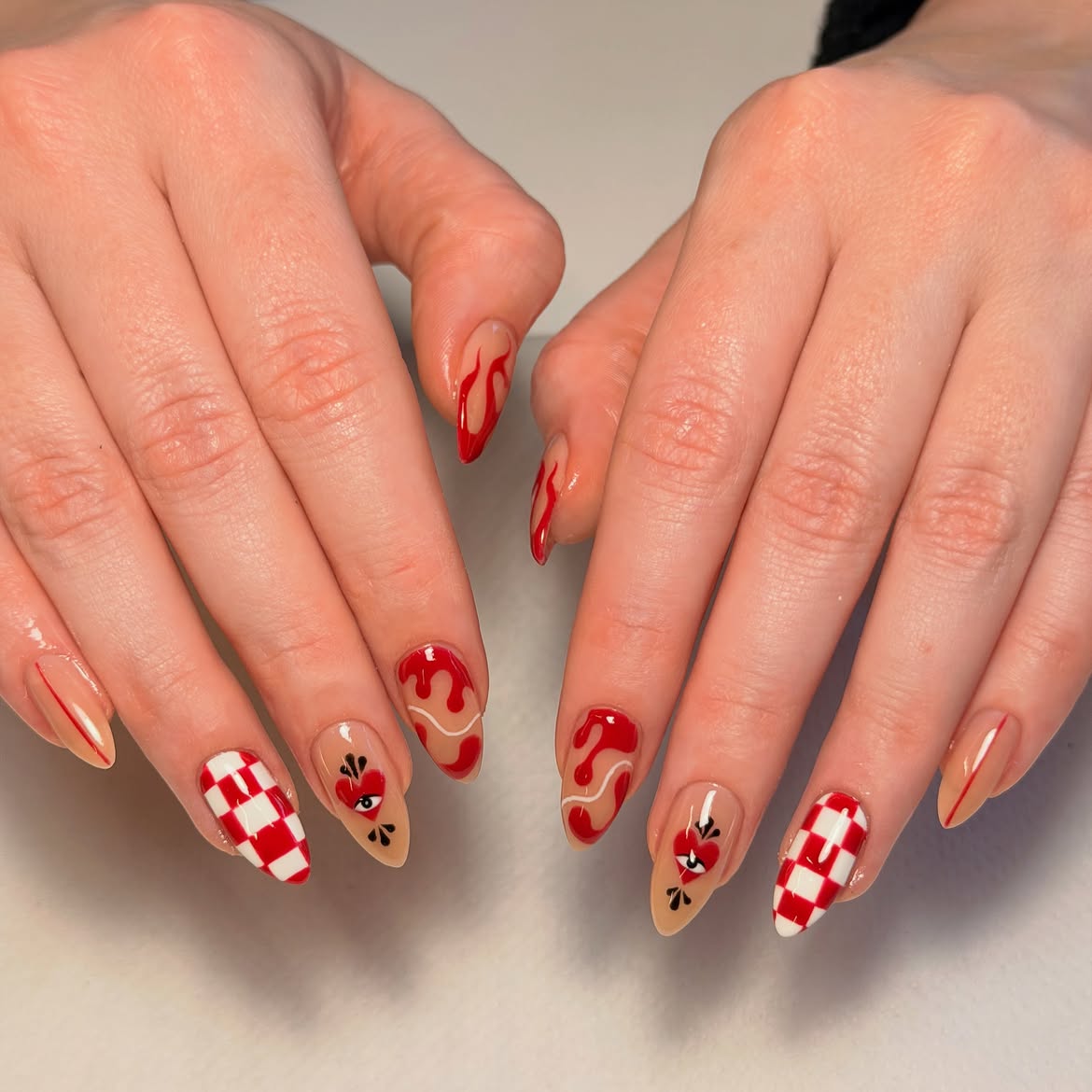 Red & White Checkerboard Dripping Heart Almond Nails