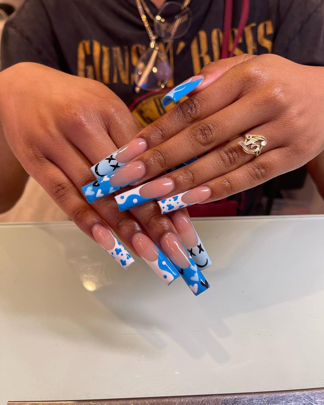 Retro Blue Cloud Smiley Face French Tips