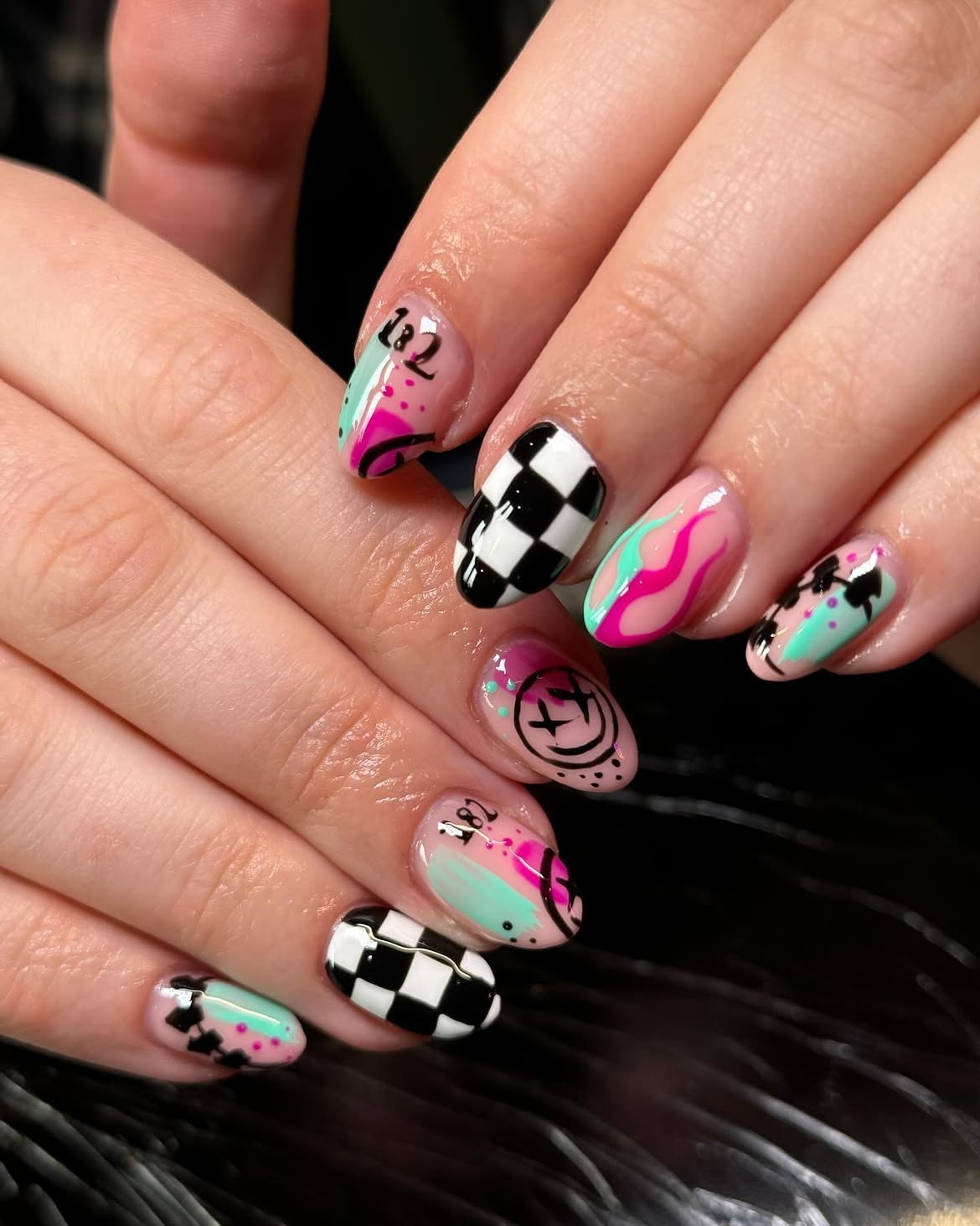 Retro Checkerboard & Graffiti Art Oval Nails