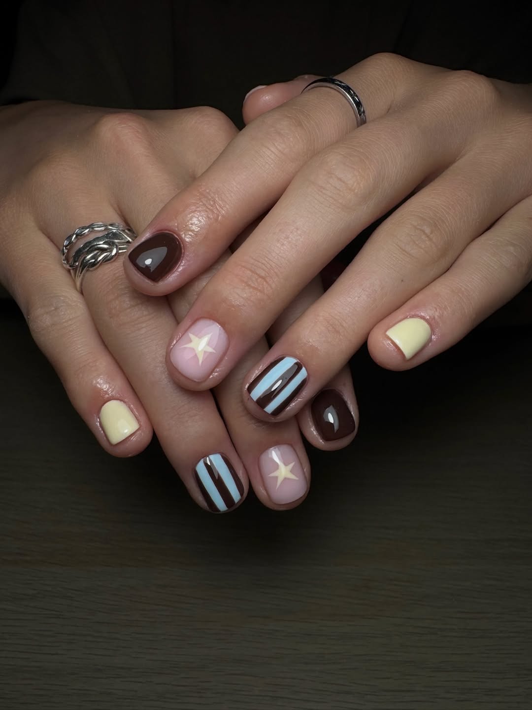 Retro Chocolate & Baby Blue Star Nails