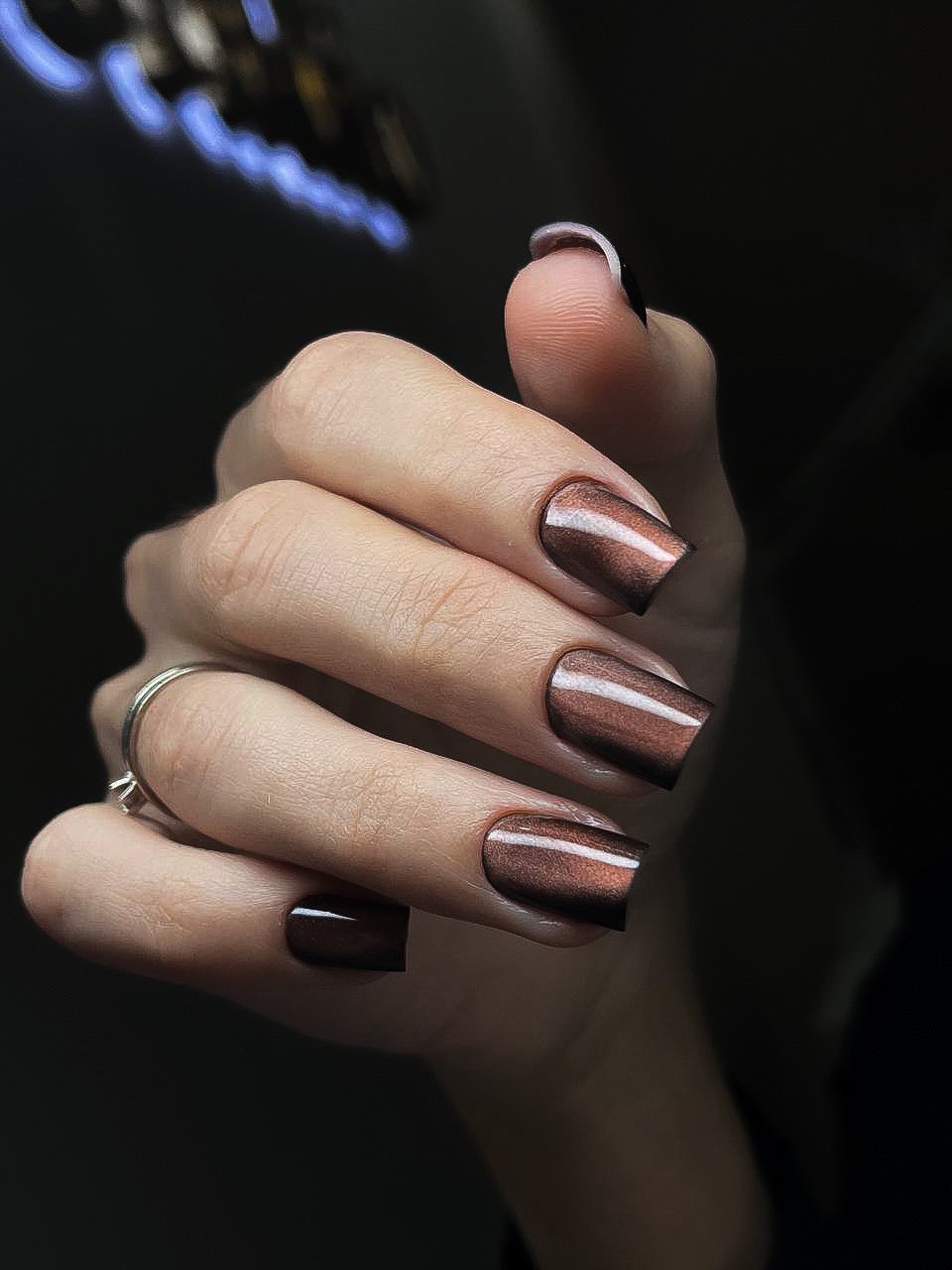 Rich Brown Cat Eye Square Nails