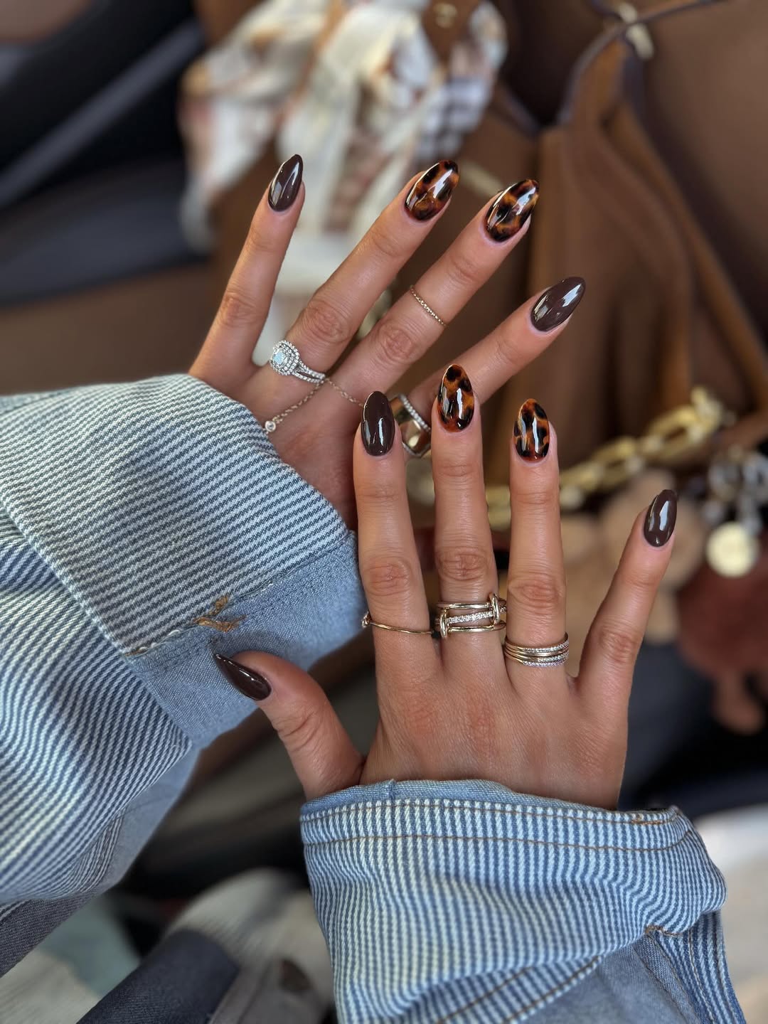 Rich Brown Tortoise Shell Almond Nails