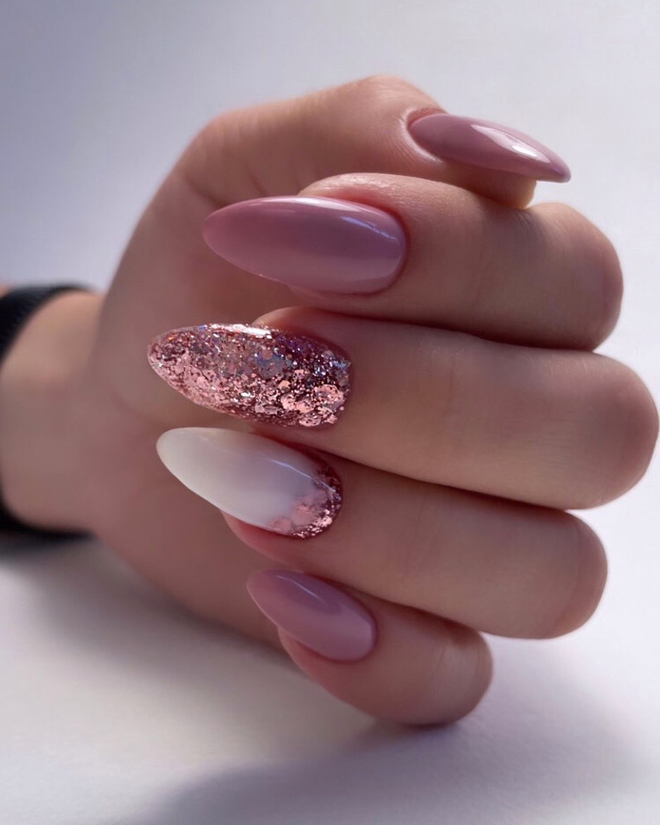 Rose Glitter Ombre Almond Nails