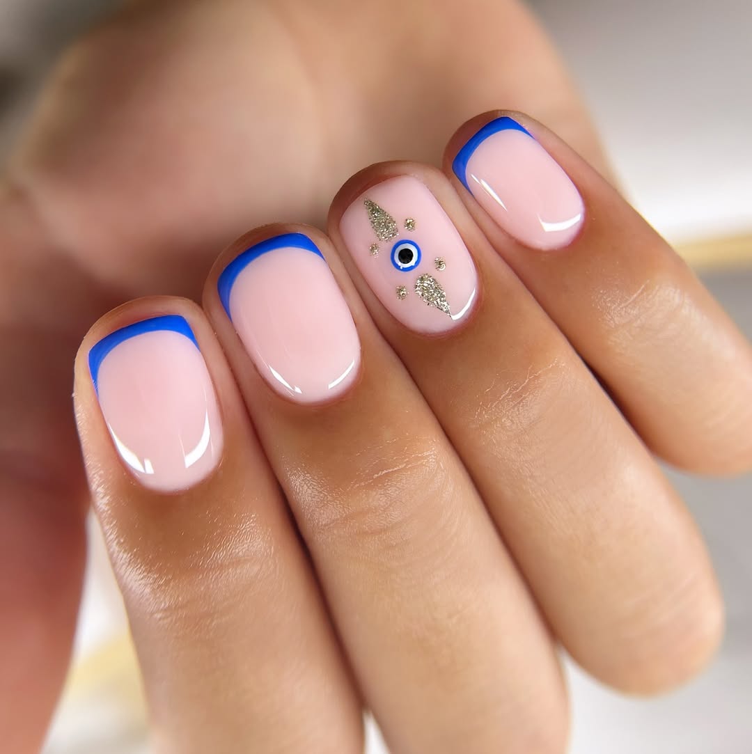 Royal Blue French Tips with Evil Eye Accent