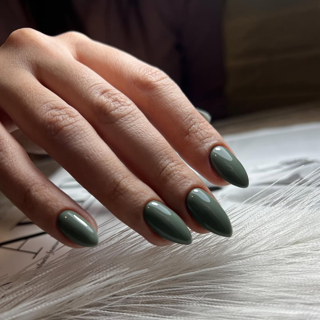 Sage Green Glossy Almond Nails