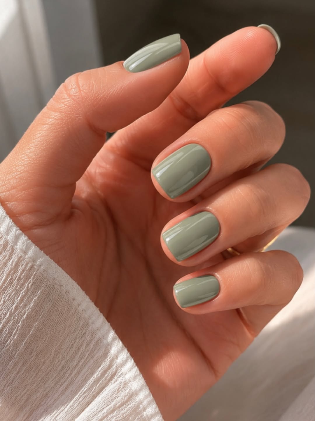 Sage Green Glossy Short Squoval Nails
