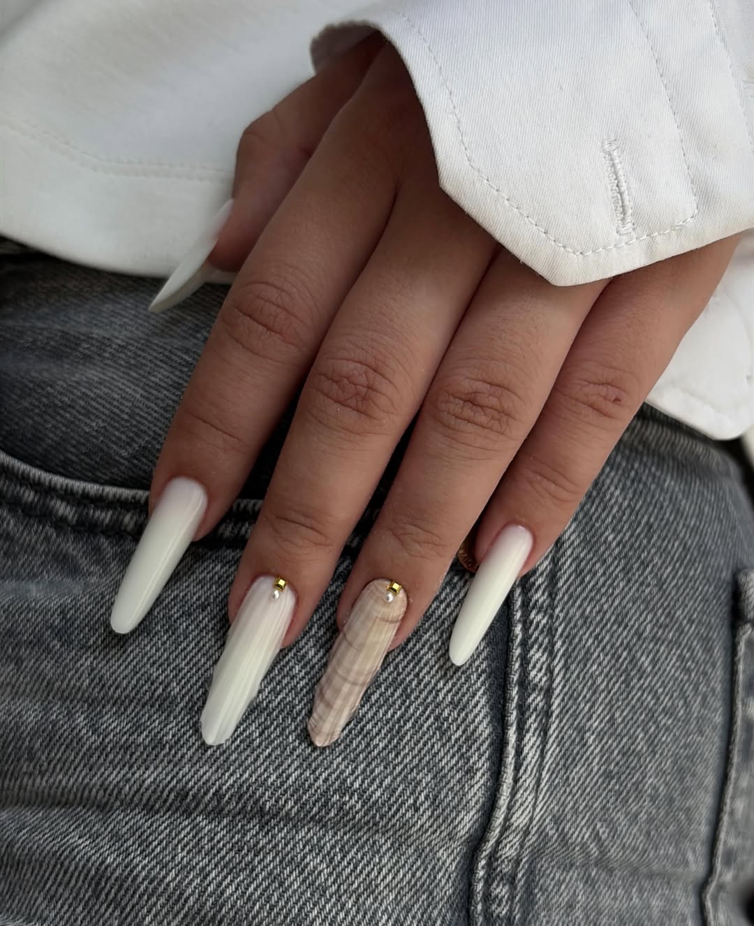 Seashell Inspired Coffin Nails with Pearl Accents