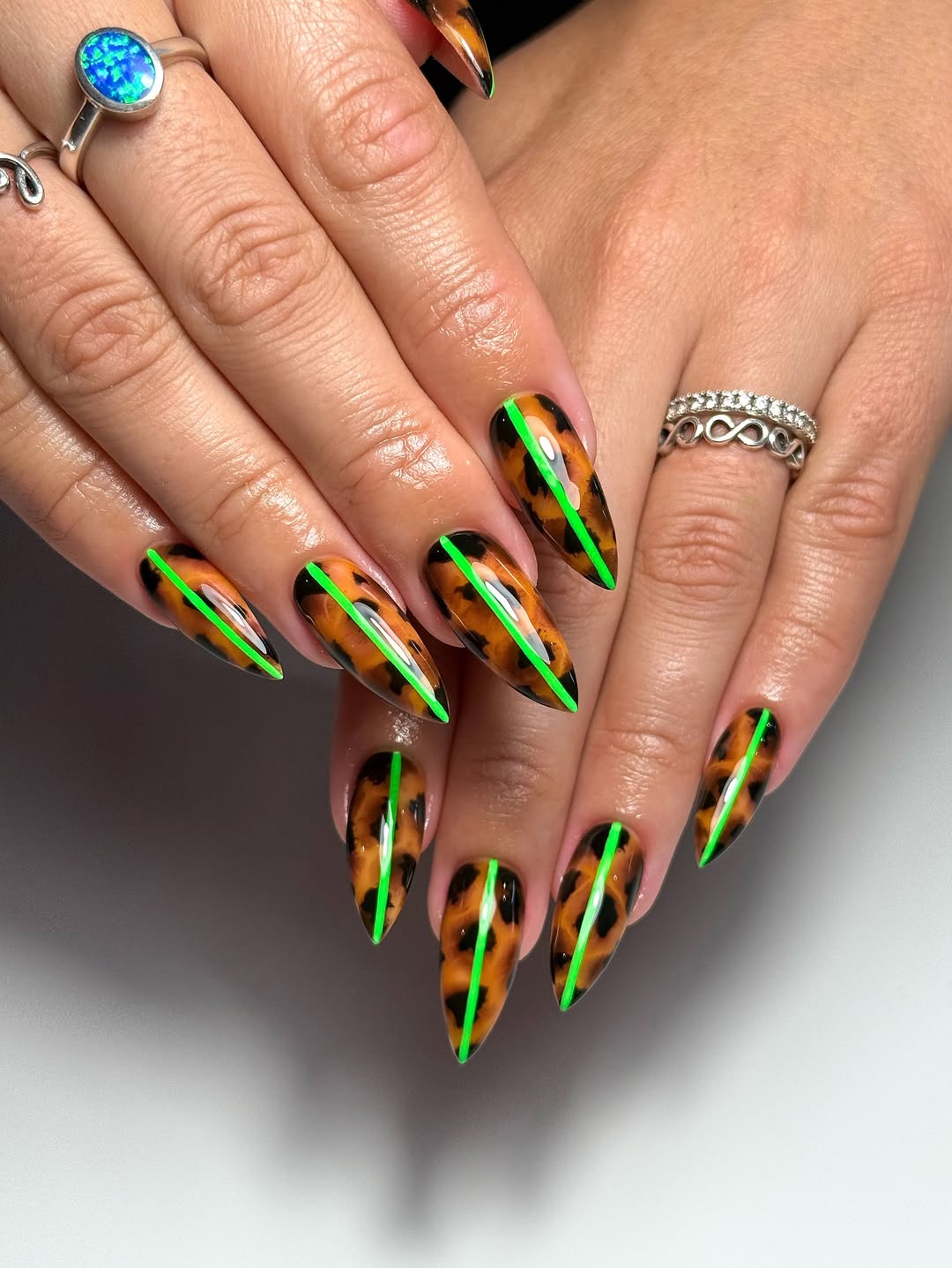 Sharp Stiletto Tortoise with Neon Green Line Art