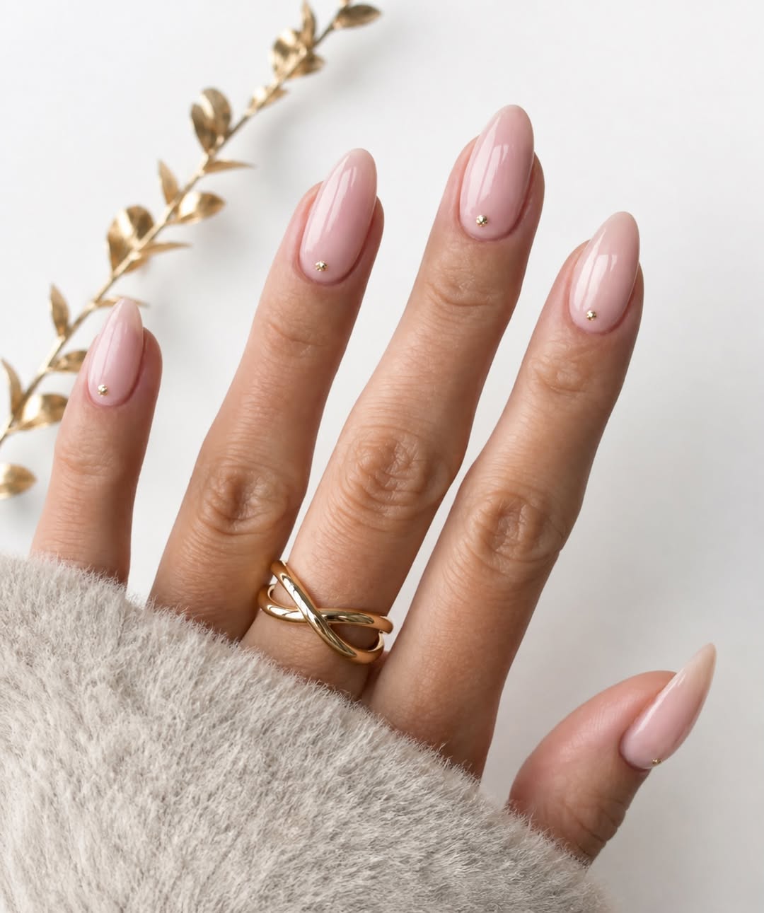 Sheer Pink Almond Nails with Tiny Gold Studs