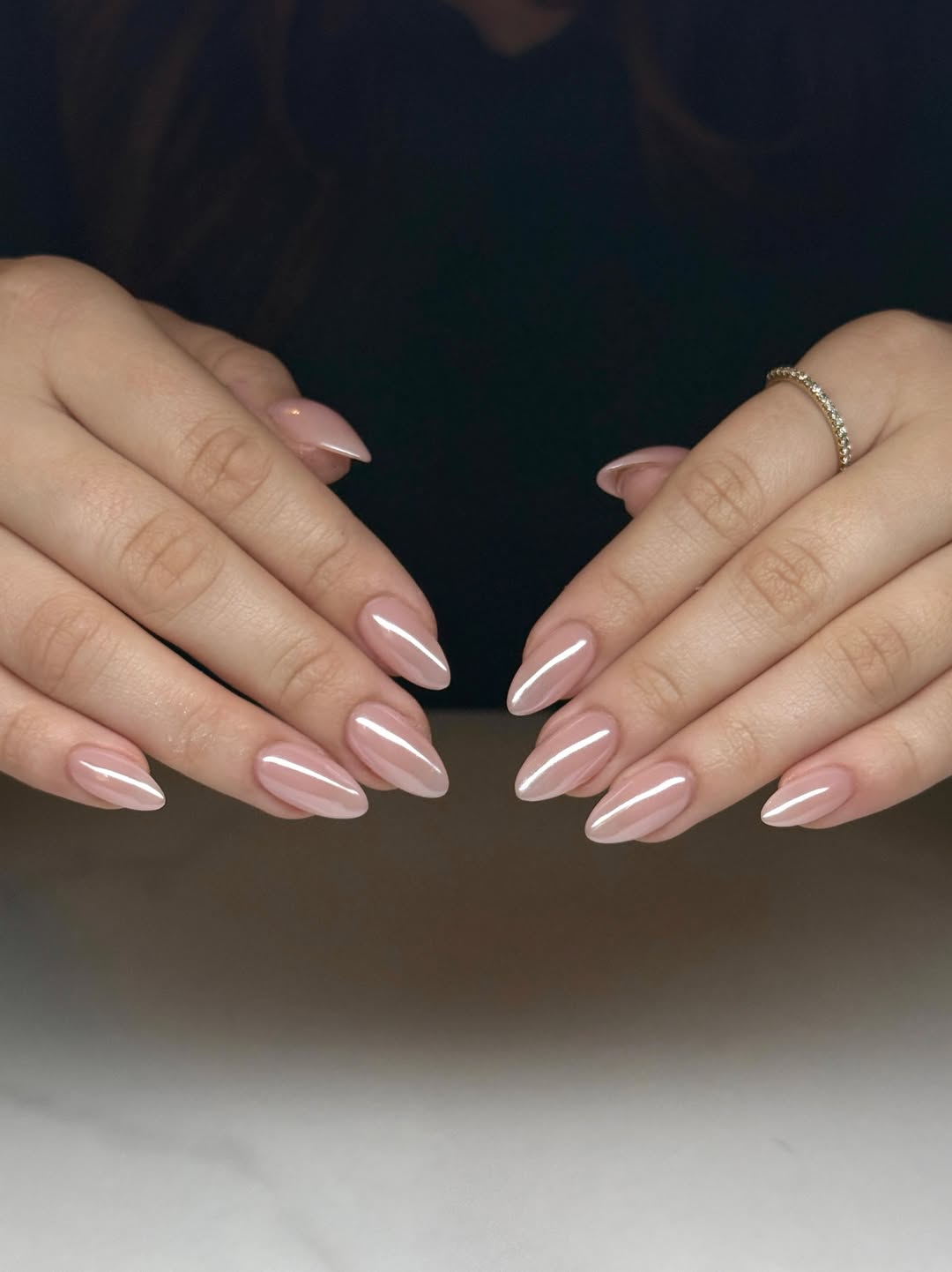 Shimmering Nude Almond Shaped Medium Length Nails